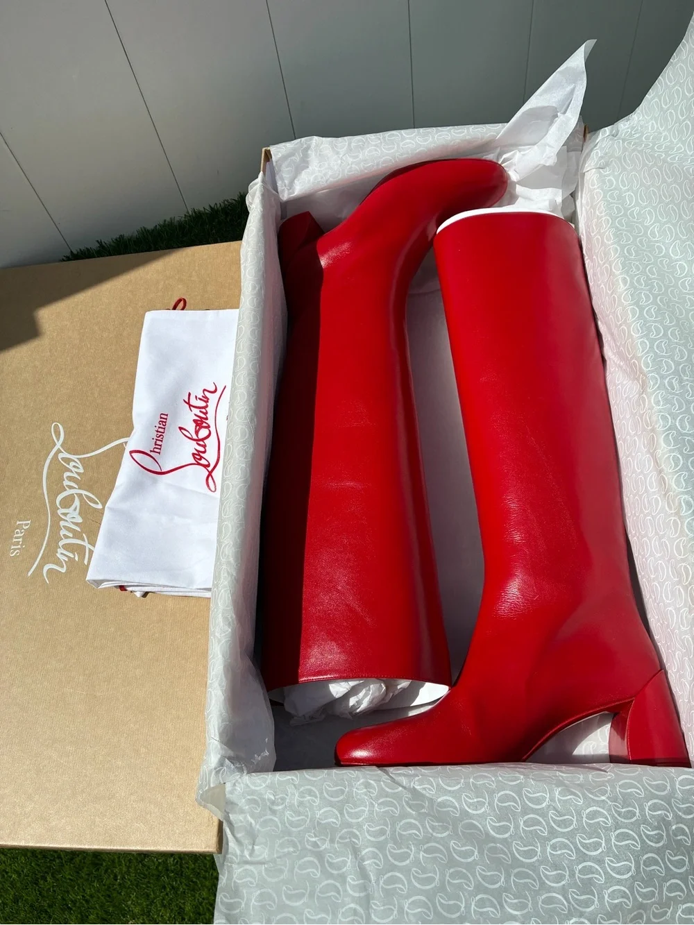 CHRISTIAN LOUBOUTIN JANITTA 55 RED LEATHER BLOCK HEEL KNEE-HIGH BOOTS SZ 38.5